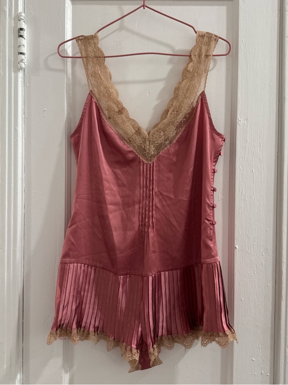 Victoria's Secret Dusty Rose Satin Romper with Beige Lace Trim